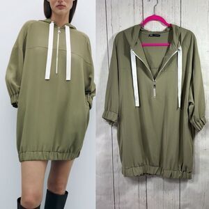 Zara Olive Green Oversized Hoodie Dress with Half Zip Size M Streetwear Edgy
